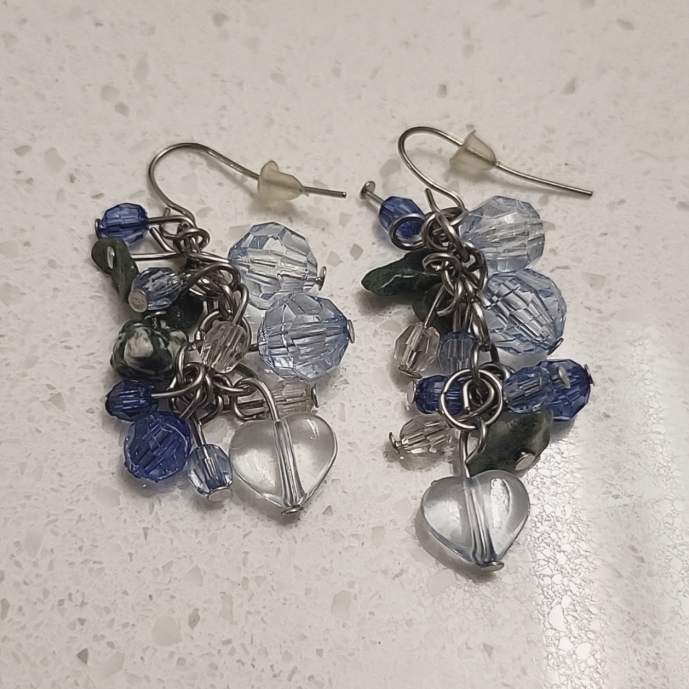 Blue Beaded Earrings with Green Stones
